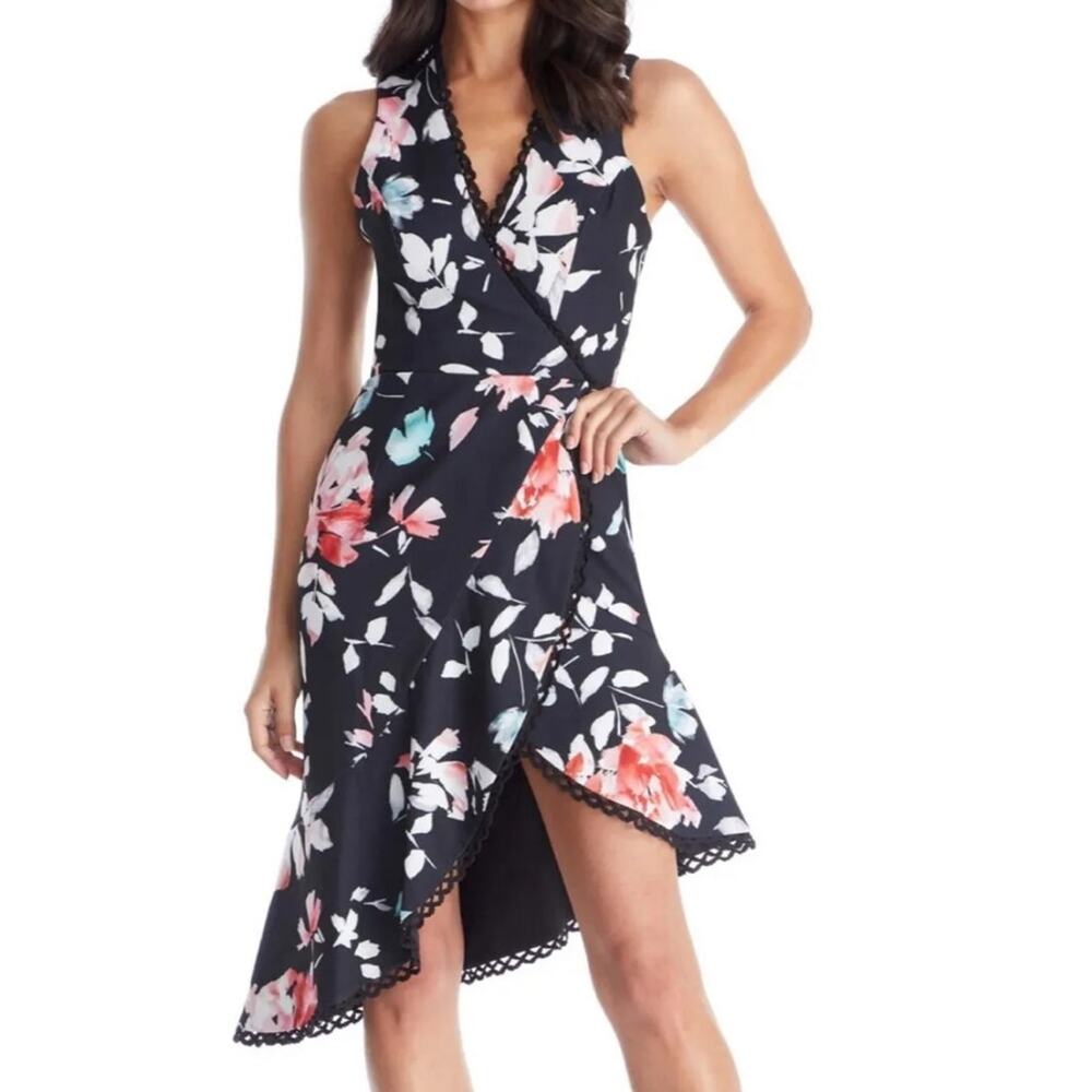 Dress The Population | NEW Bijou Floral Plunge Dress Black Tulip Hem Sleeveless